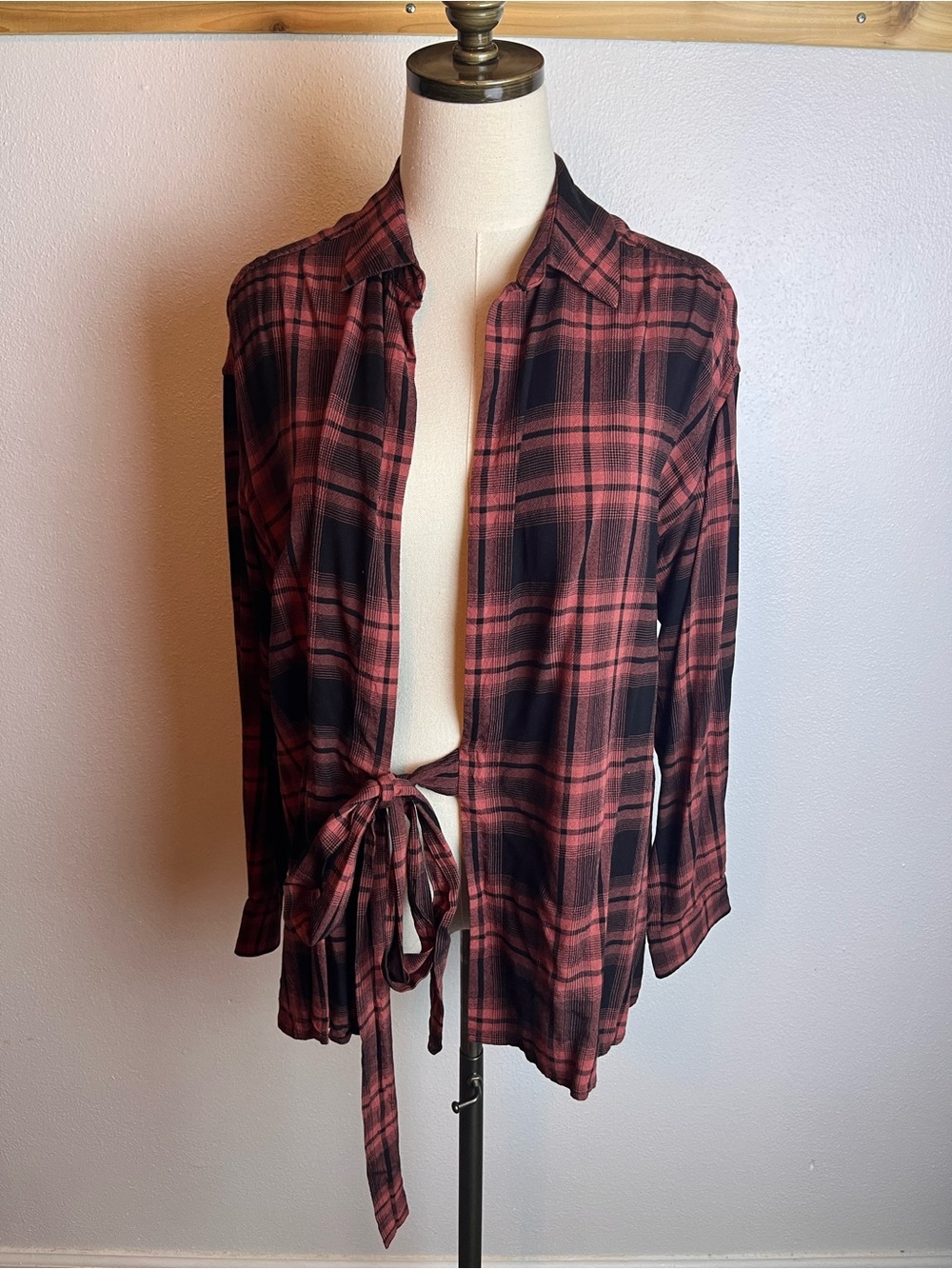 AllSaints Red and Black Plaid Flannel Button-Up Shirt